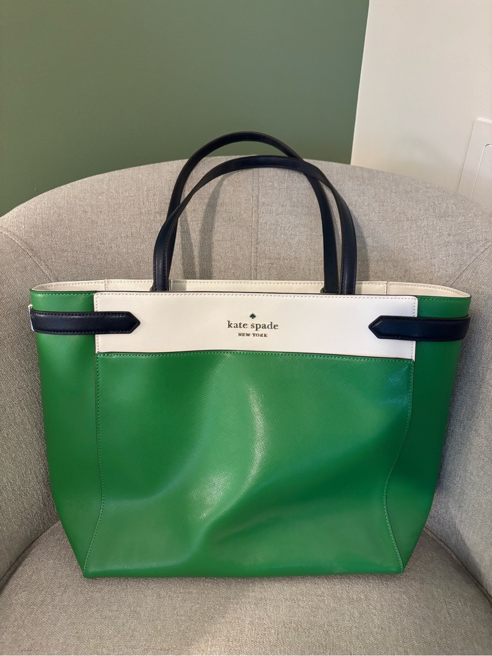 kate spade Kelly Green Leather Computer Bag with White & Navy Accents